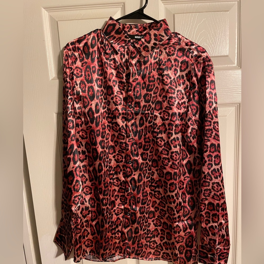 FashionNova Mens Red Cheetah Print Satin Buttondown Shirt
